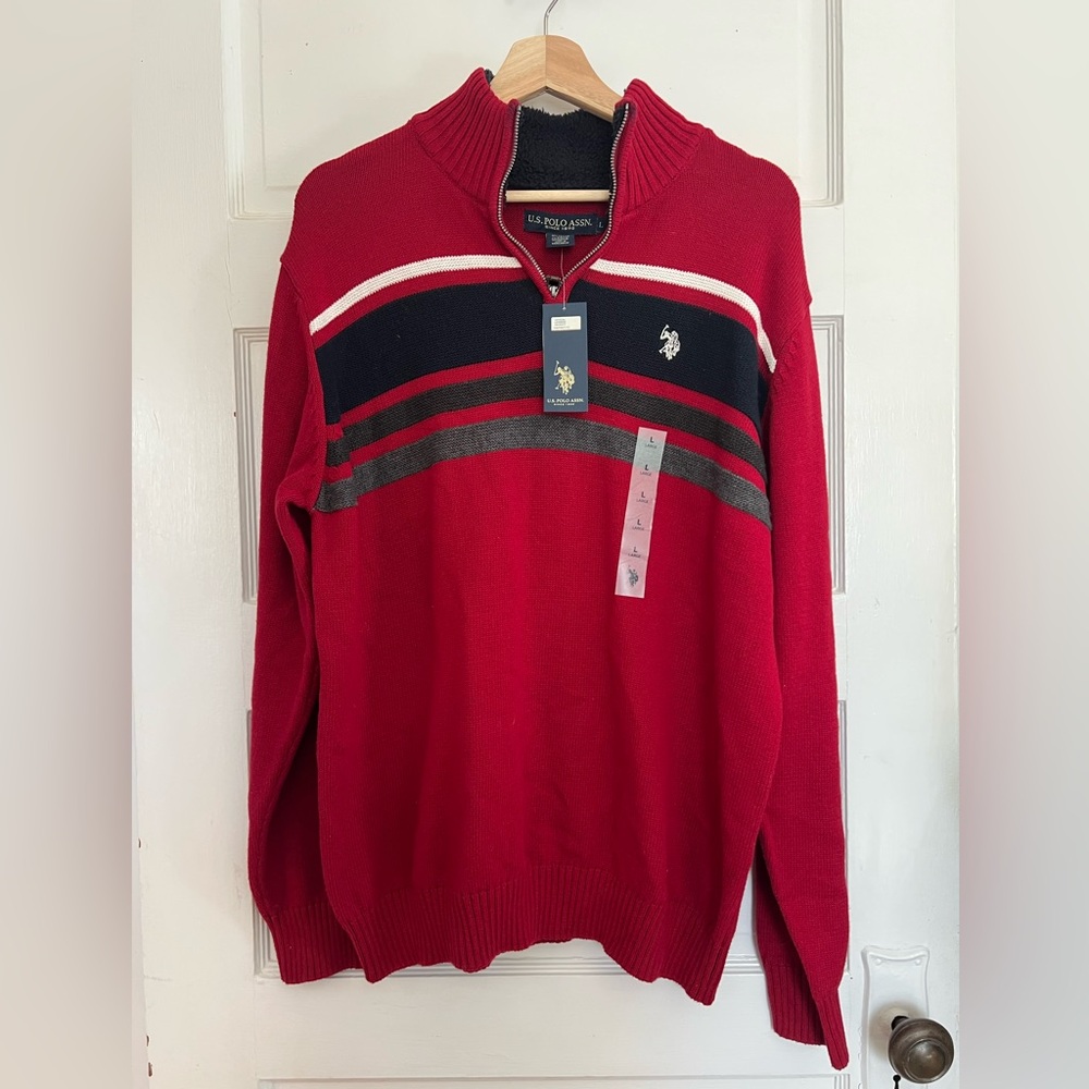 U.S. Polo Assn. Men's Red Zip-Up Sweater with Black and Gray Stripes